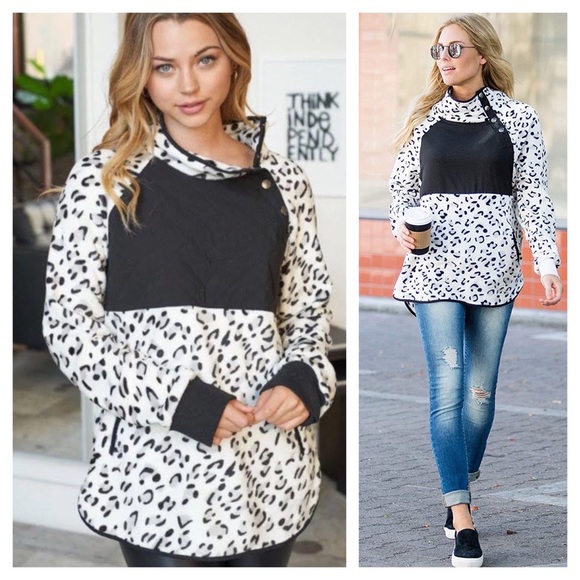 Snow Leopard Color Block Fleece Pullover with Snap Neck - Picture 2 of 8